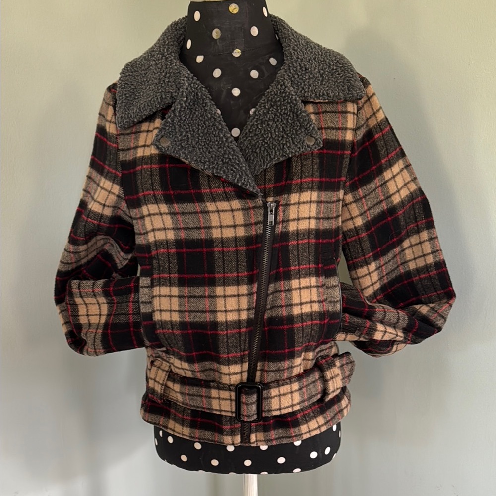Plaid Wool-Blend Jacket with Gray Collar